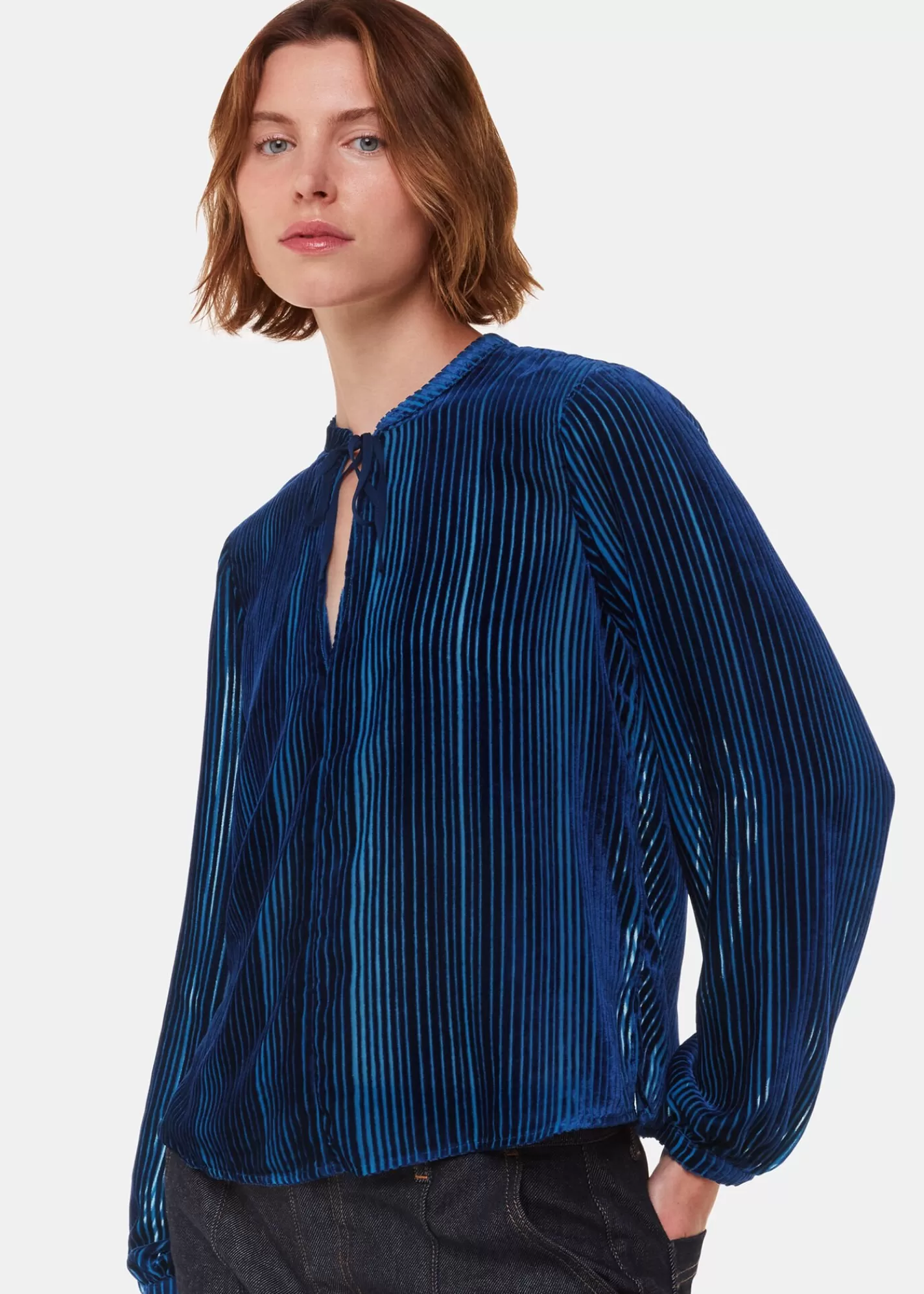 Whistles Shirts & Blouses | Tops*Blue Devore Stripe Velvet Blouse Blue/Multi