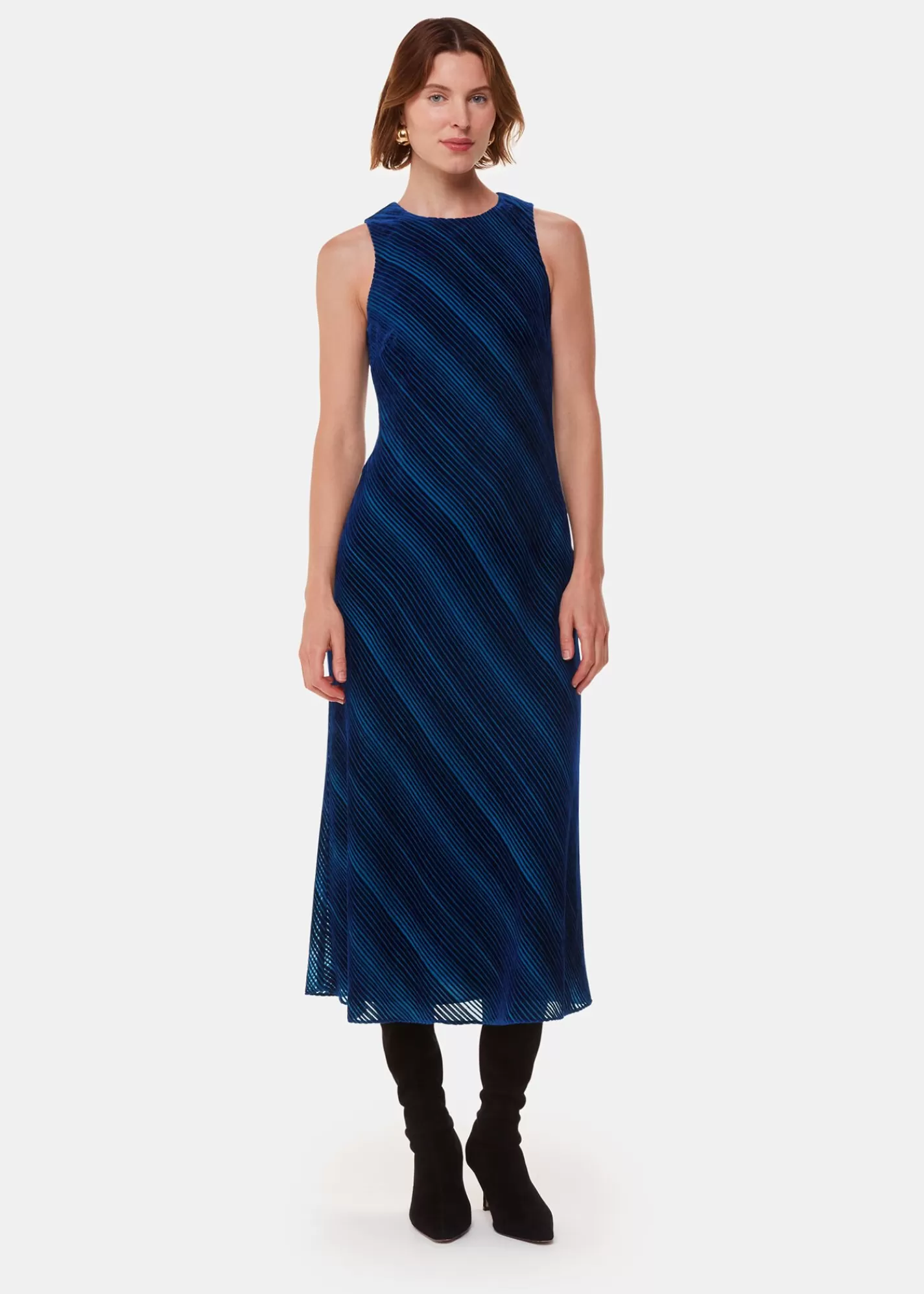 Whistles Dresses*Blue Devore Stripe Velvet Dress Blue/Multi