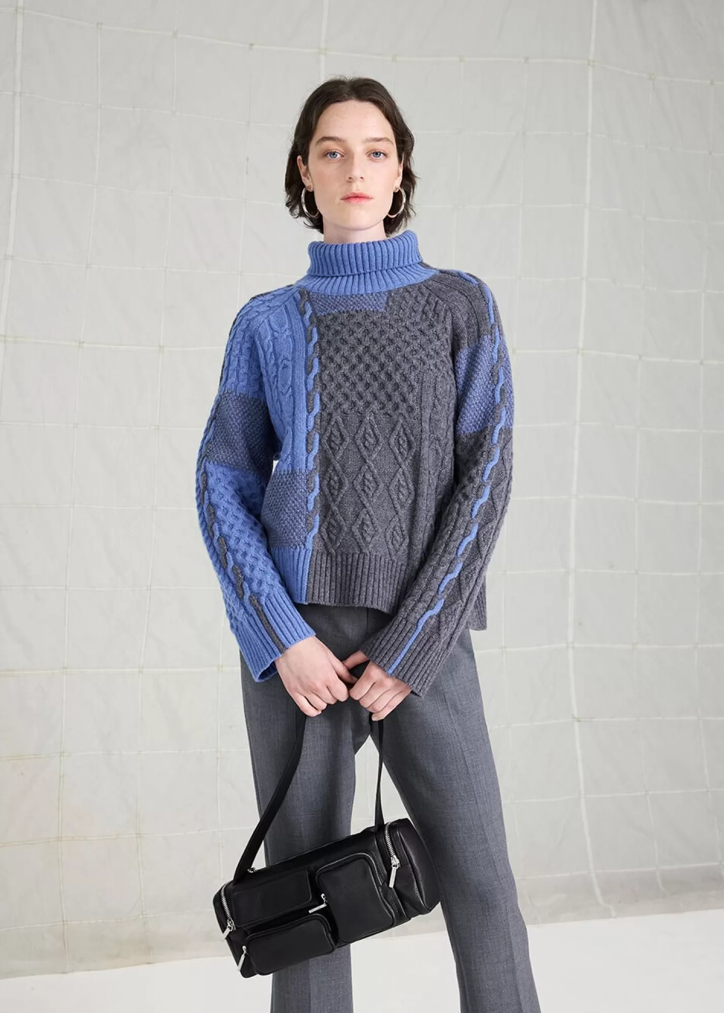 Whistles Knitwear & Cashmere*Blue Patchwork Cable Knit Sweater Blue/Multi