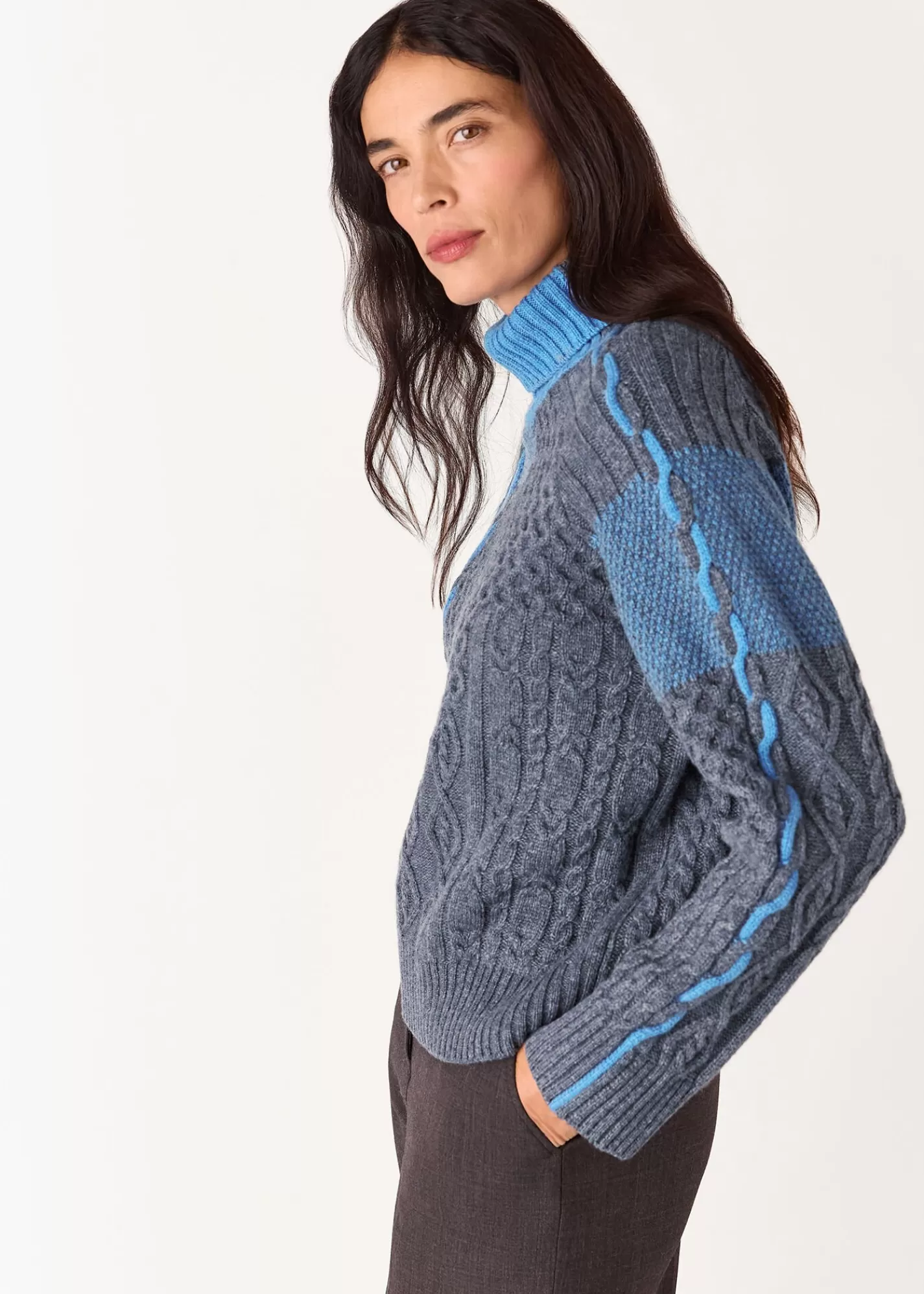 Whistles Knitwear & Cashmere*Blue Patchwork Cable Knit Sweater Blue/Multi