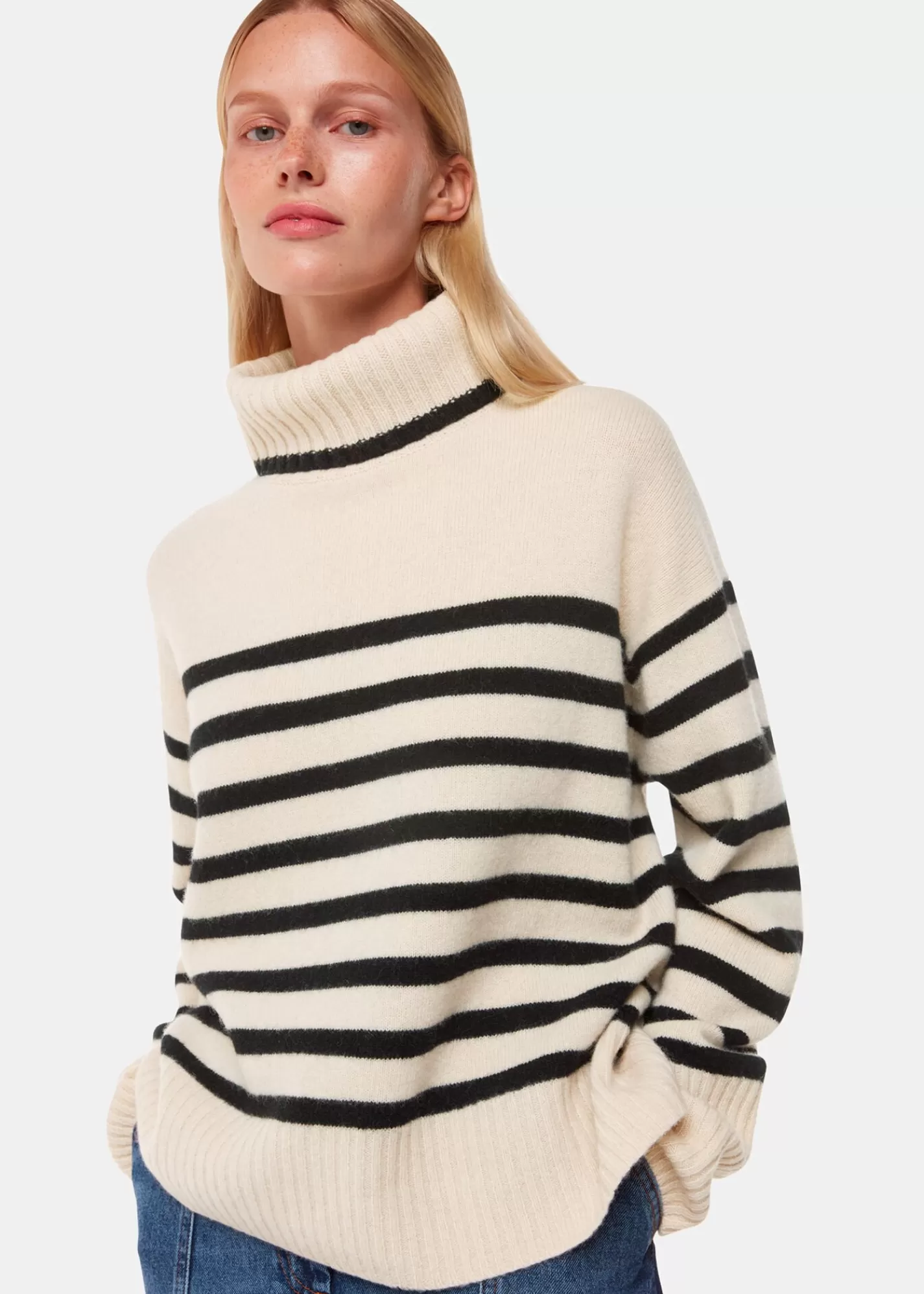 Whistles Knitwear & Cashmere*Ivory Stripe Wool Roll Neck Ivory/Multi