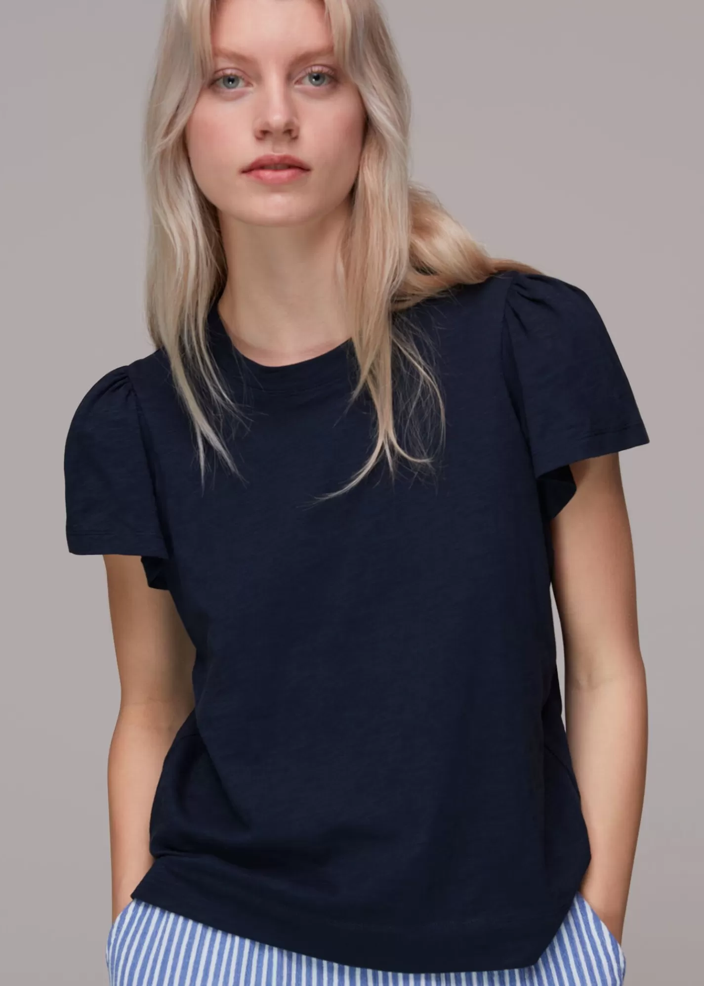 Whistles Tops*Cotton Frill Sleeve T Shirt Navy