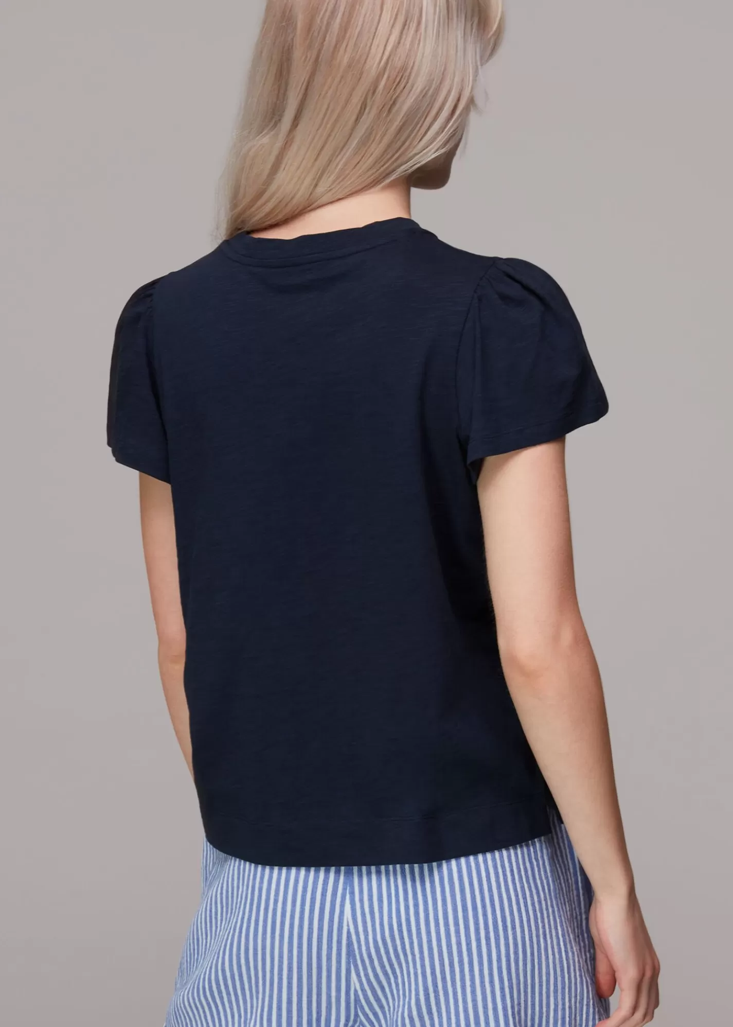 Whistles Tops*Cotton Frill Sleeve T Shirt Navy