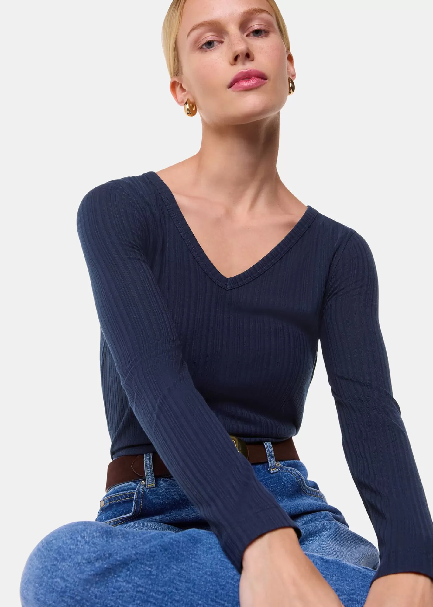 Whistles T-Shirts | Tops*Diagonal Rib V Neck Top Navy