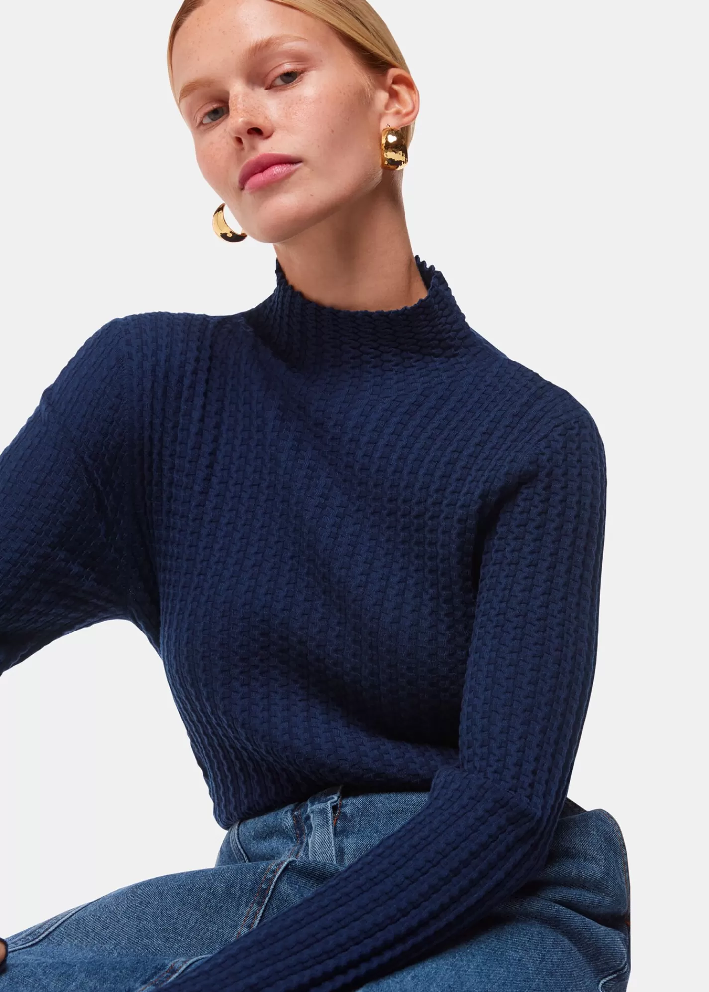 Whistles Knitwear & Cashmere*Textured Detail High Neck Knit Navy